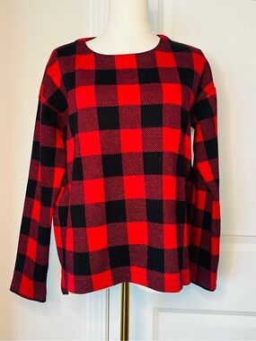 J.Jill Womens Red Black Buffalo Plaid Long Sleeve knit Top shirt Sz XS Holiday